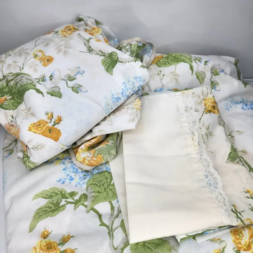 Vintage Full Sheet Set 4pc Yellow Rose Floral Blue Hydrangea Lace Trim Bedding